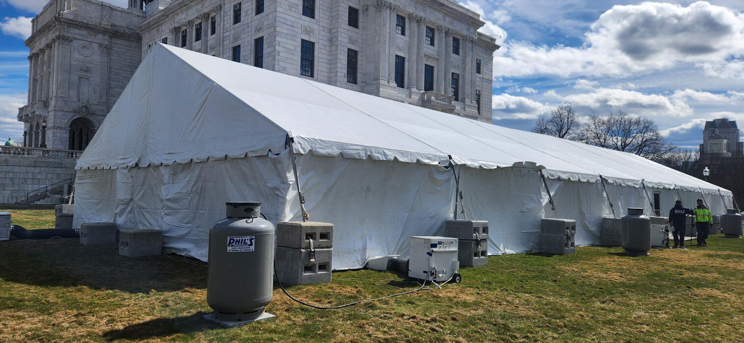 Temporary heaters and propane tanks for outdoor tent event